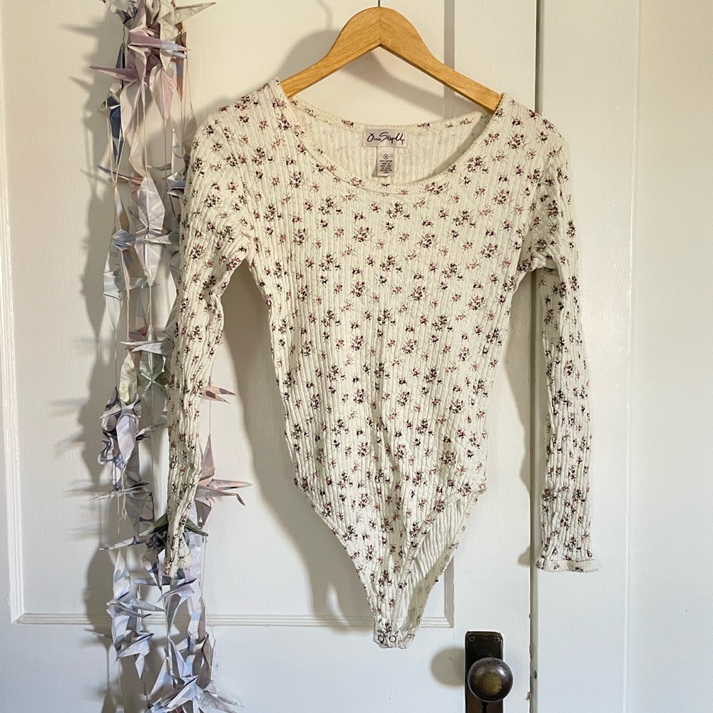 One Step Ahead Cream Floral Ribbed Bodysuit